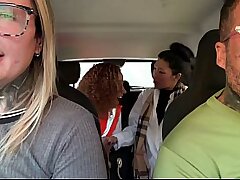 Parking Lot Tryst: Tanned Girl and Brunette Moan in Car